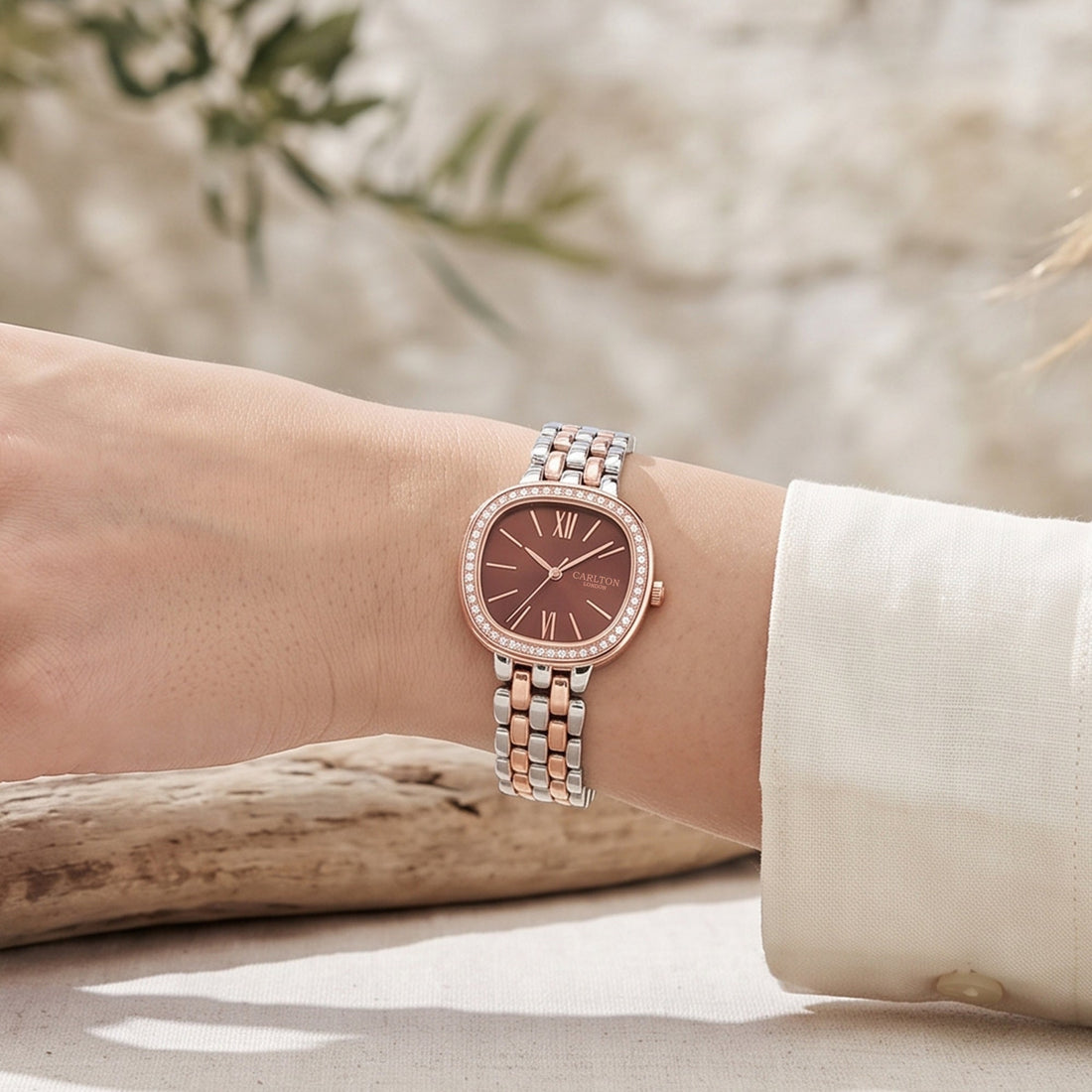 Carlton London Maisie Womens Watch - Dark Coral Rectangle Dial, Dual Tone Stainless Steel Strap - MSDTCRL