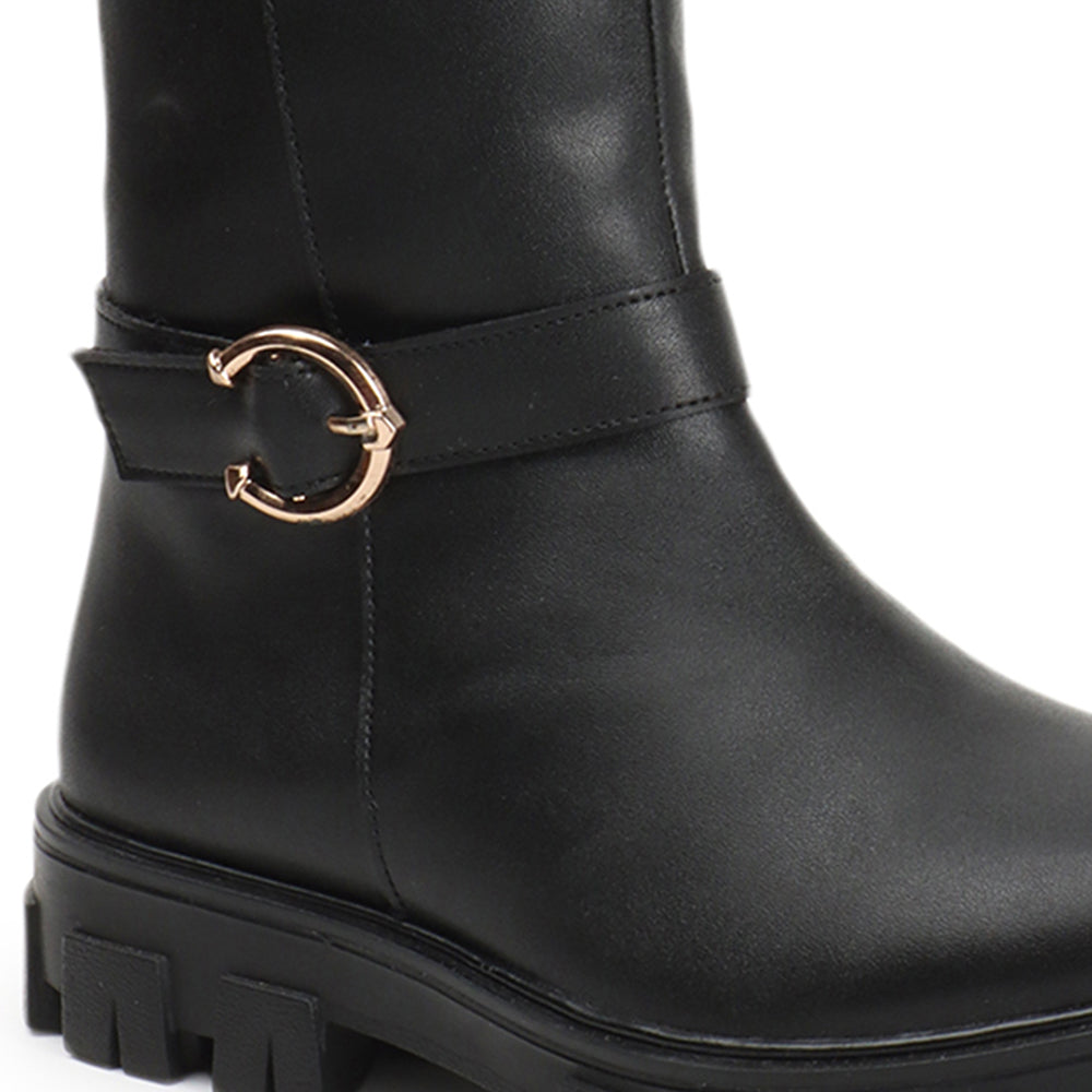 Women Block-Heeled Buckle Detail Winter Long  Boots