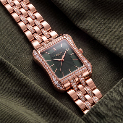 Carlton London Vivienne Women’s Watch - Green Rectangle Dial, Rose Gold Stainless Steel Strap - CLVVRGRN