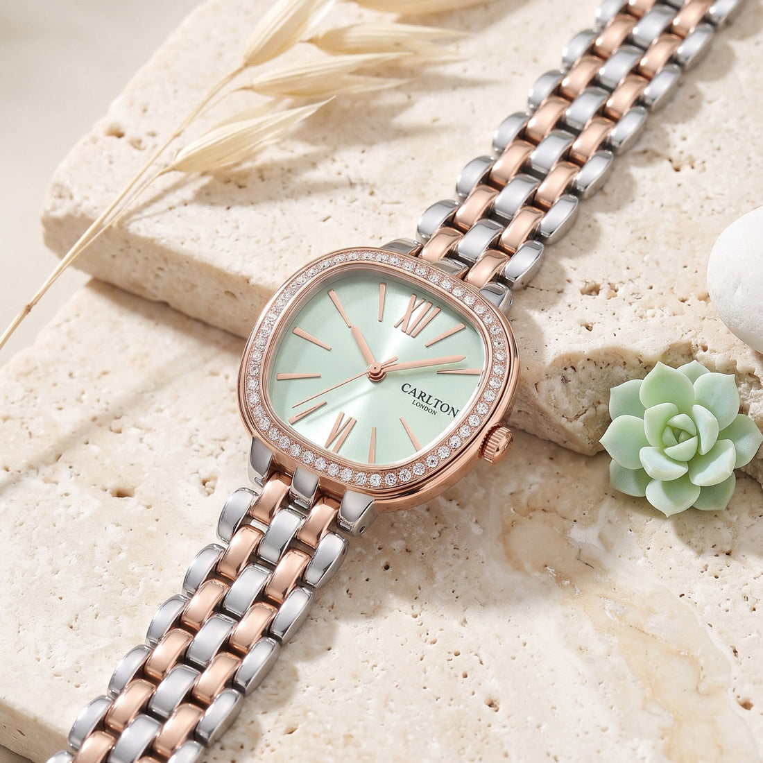 Carlton London Maisie Womens Watch - Mint Green Rectangle Dial, Dual Tone Stainless Steel Strap - MSDTMNT