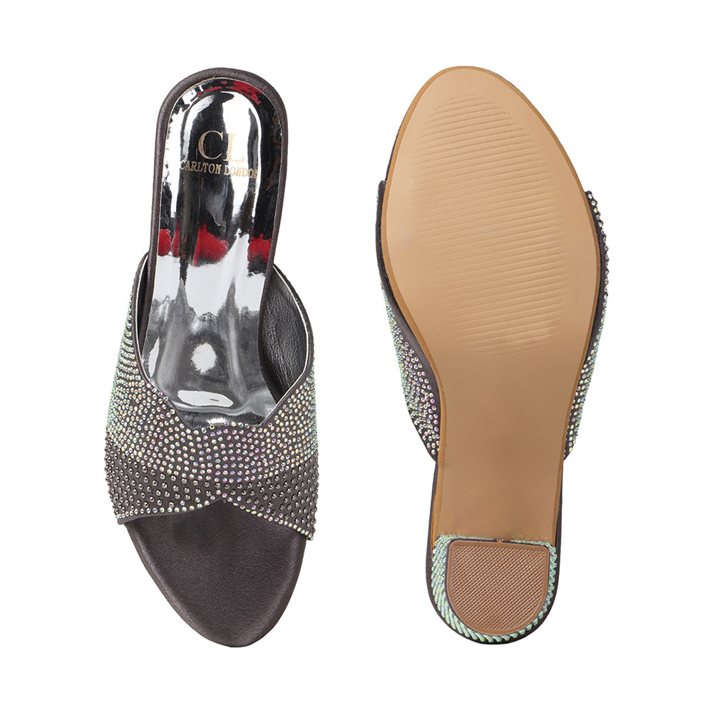 Women Lridescent Gem Embellished Block Heel Sandals