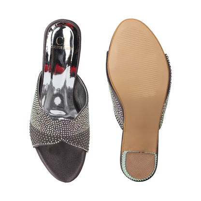Women Lridescent Gem Embellished Block Heel Sandals