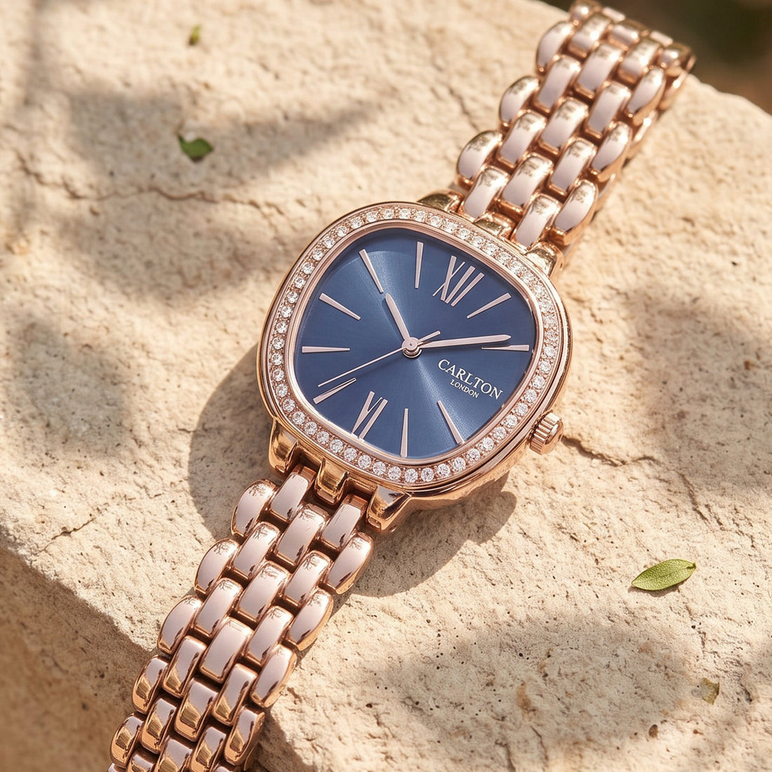 Carlton London Maisie Womens Watch - Dark Blue Rectangle Dial, Rose Gold Stainless Steel Strap - MSRGBLU