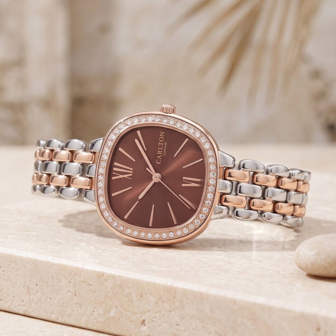 Carlton London Maisie Womens Watch - Dark Coral Rectangle Dial, Dual Tone Stainless Steel Strap - MSDTCRL