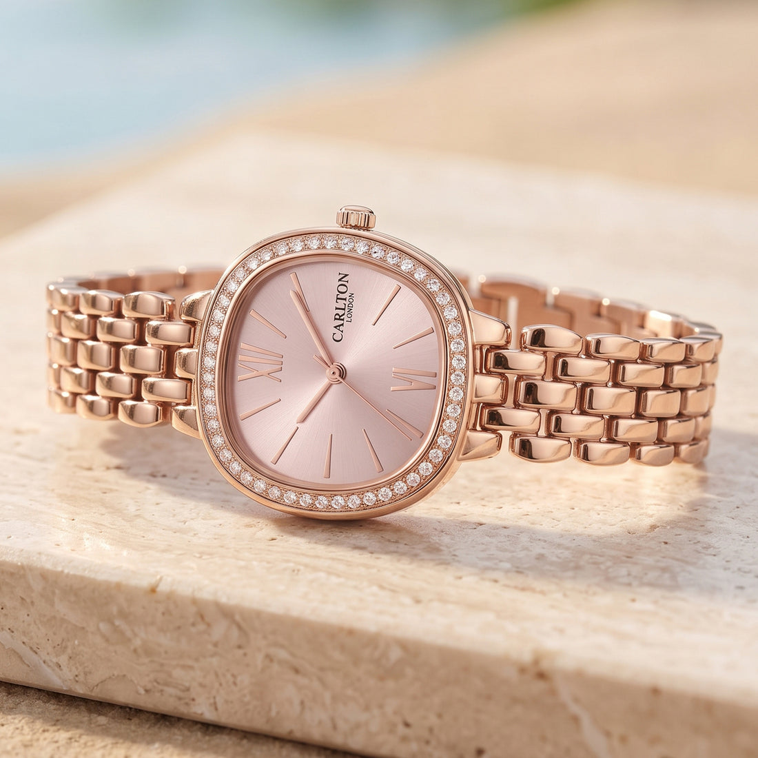 Carlton London Maisie Women’s Watch - Pink Rectangle Dial, Rose Gold Stainless Steel Strap - MSRGPNK