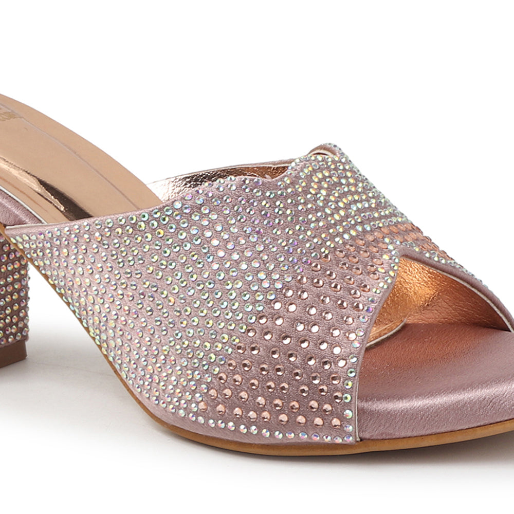 Women Lridescent Gem Embellished Block Heel Sandals