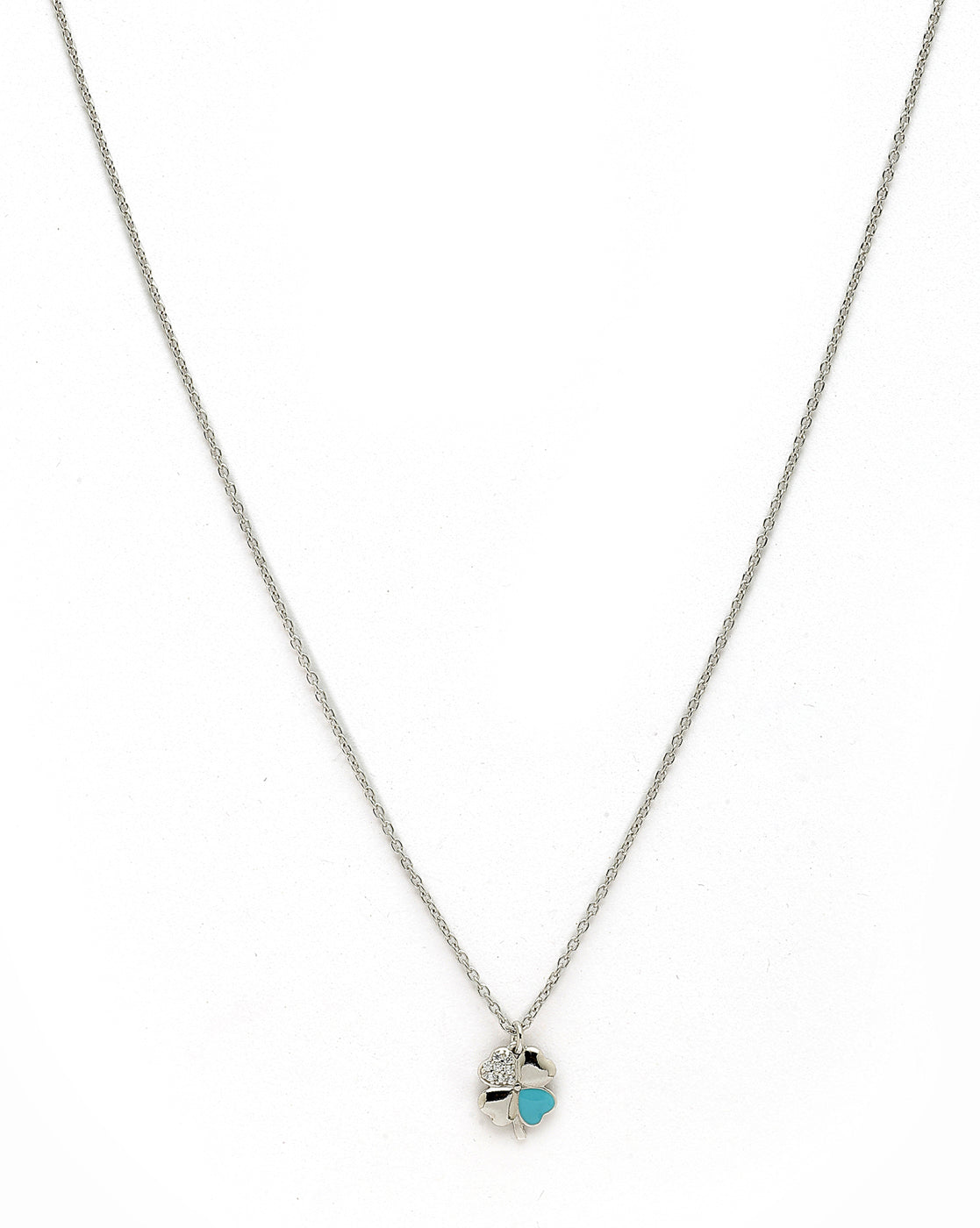 925 Sterling Silver Rhodium Plated CZ Enamel Clover Pendant and Chain