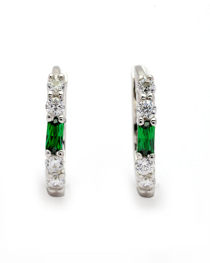 925 Sterling Silver Rhodium Plated Green CZ Hoop Earring