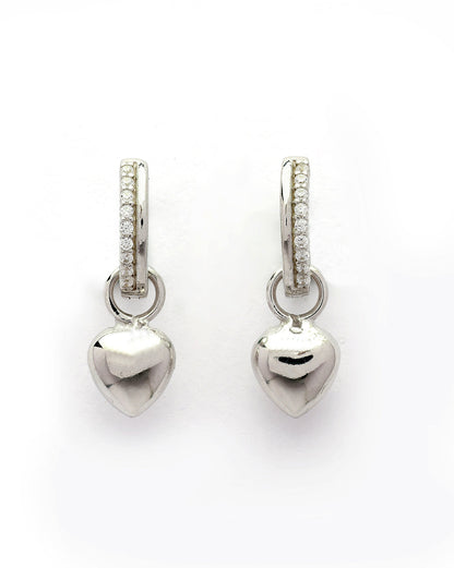 925 Sterling Silver Rhodium Plated CZ Dangling Heart Hoop Earring
