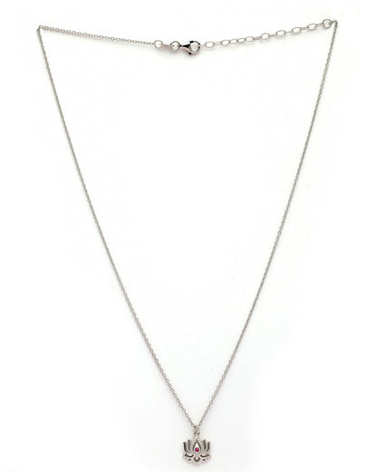 925 Sterling Silver Rhodium Plated Red CZ Lotus Pendant and Chain