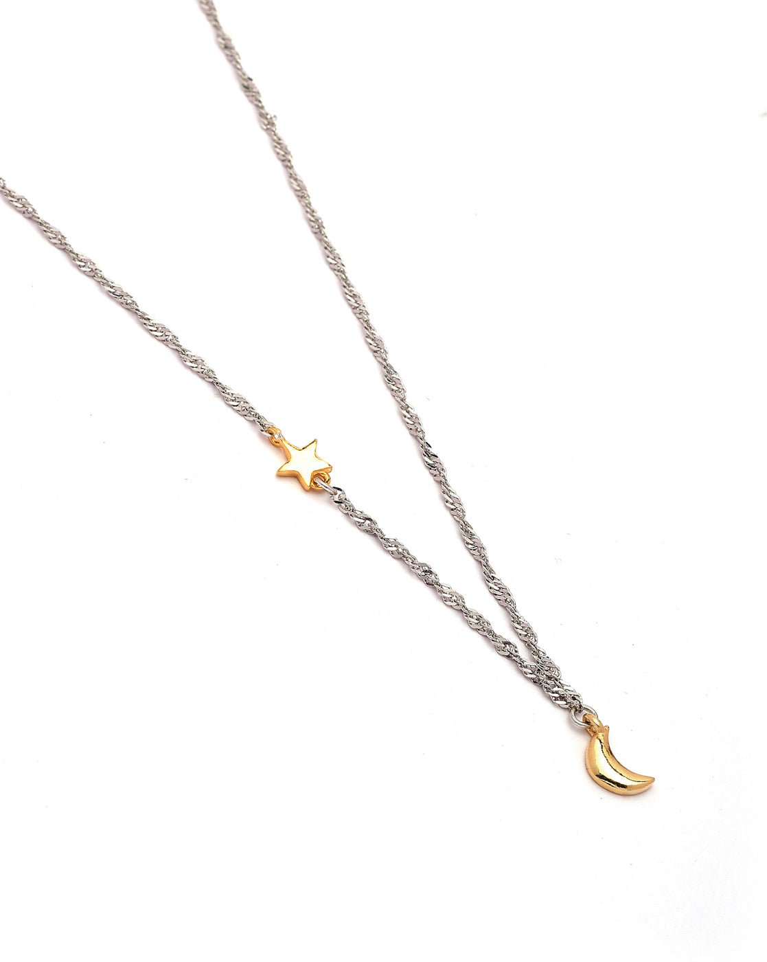 925 Sterling Silver Dual Toned Plated Moon and Star Charm Necklace