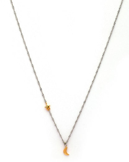925 Sterling Silver Dual Toned Plated Moon and Star Charm Necklace