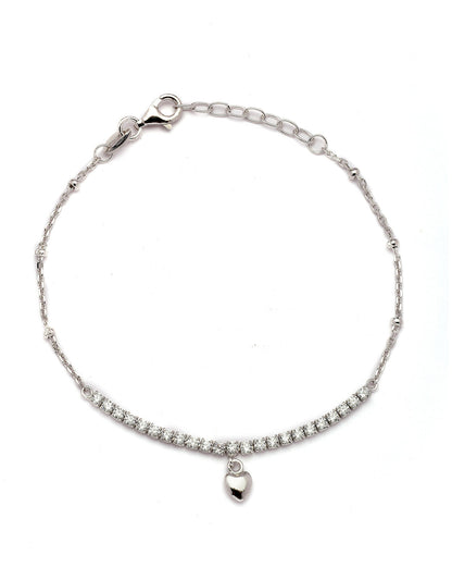 925 Sterling Silver Rhodium Plated CZ Heart Charm Bracelet