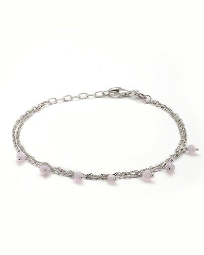 925 Sterling Silver Rhodium Plated Pink Glass Bead Double Chain Bracelet