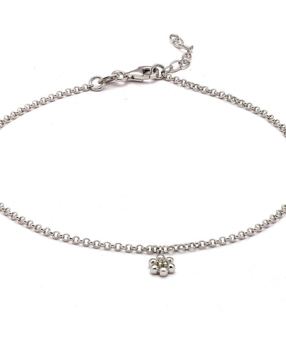 925 Sterling Silver Rhodium Plated CZ Floral Charm Anklet