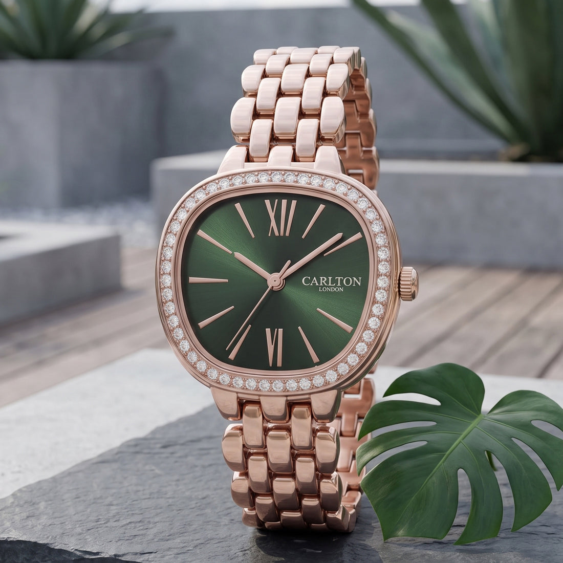 Carlton London Maisie Womens Watch - Green Rectangle Dial, Rose Gold Stainless Steel Strap - MSRSGRN
