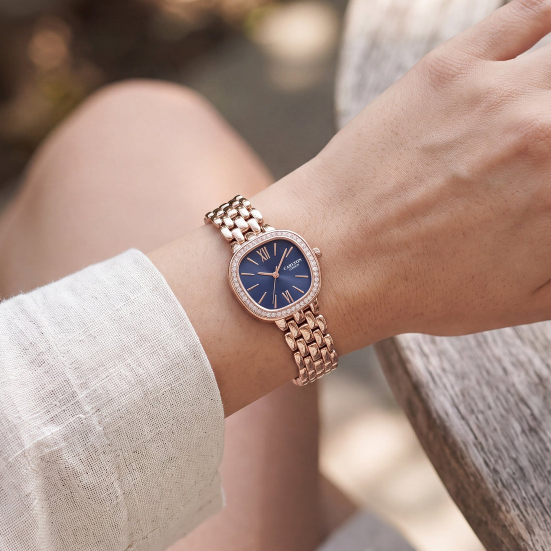 Carlton London Maisie Womens Watch - Dark Blue Rectangle Dial, Rose Gold Stainless Steel Strap - MSRGBLU