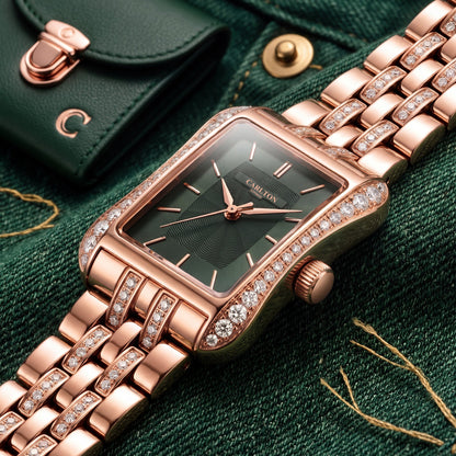 Carlton London Vivienne Women’s Watch - Green Rectangle Dial, Rose Gold Stainless Steel Strap - CLVVRGRN