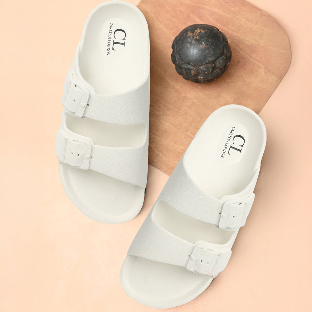 Women Solid Double Buckle Platform Slides