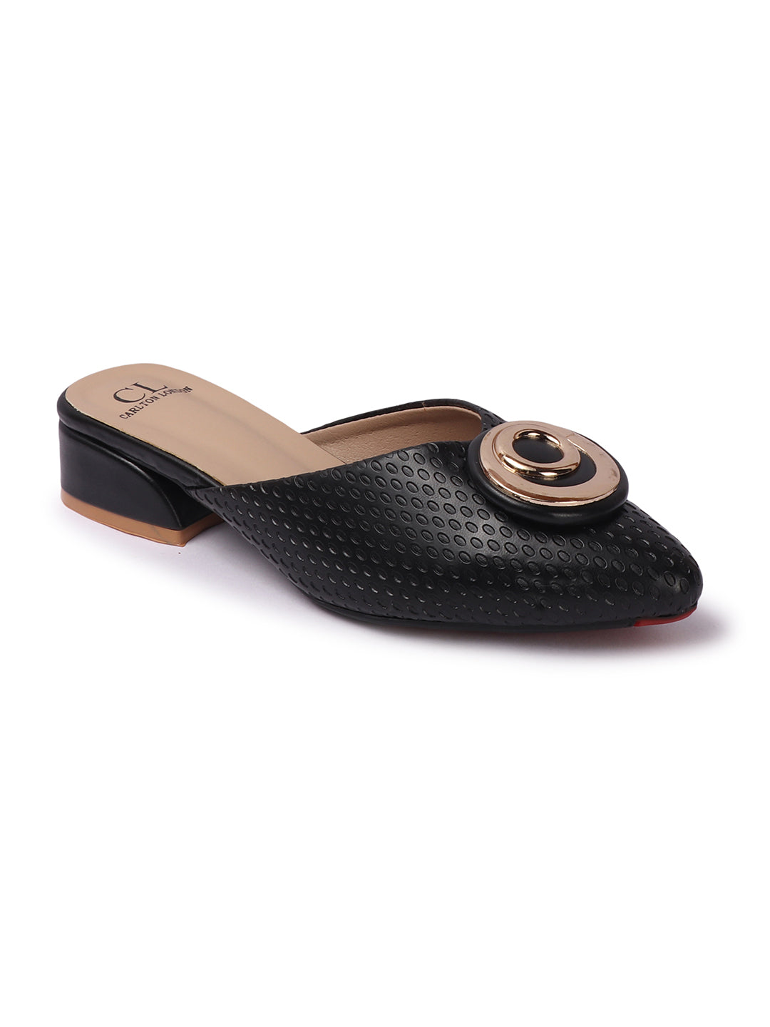 Elegant Textured Mules with Unique Gold Buckle and Block Heel