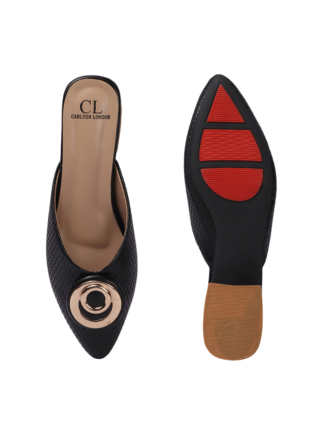 Elegant Textured Mules with Unique Gold Buckle and Block Heel
