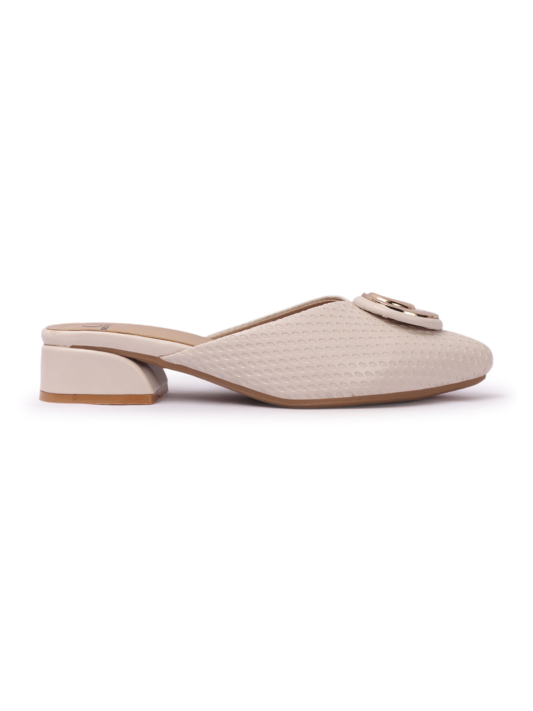 Elegant Textured Mules with Unique Gold Buckle and Block Heel