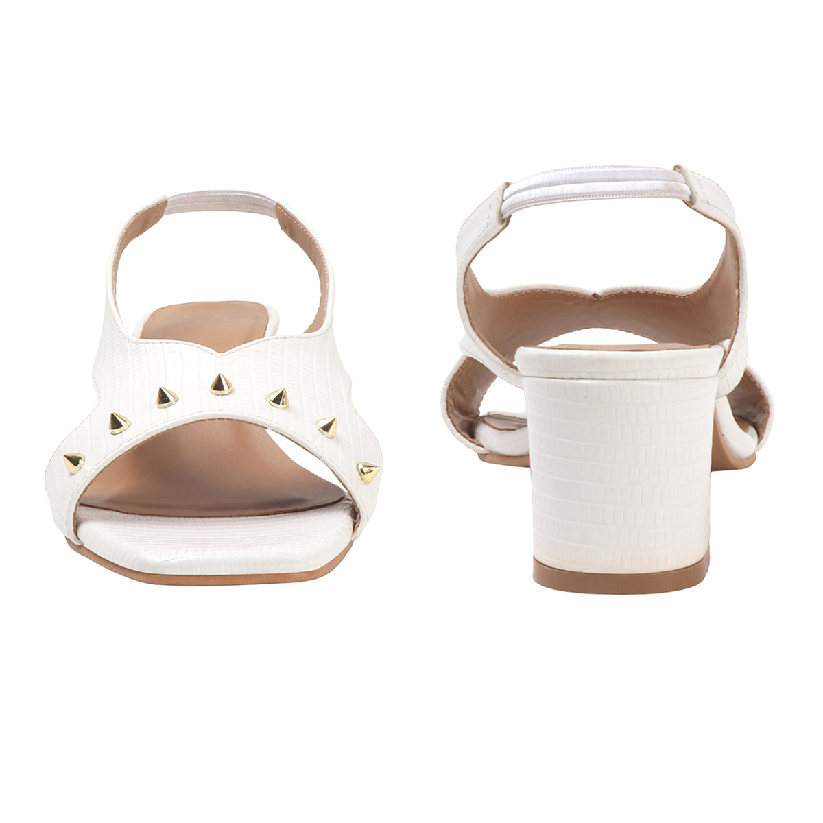 White Textured Slingback Block Heels with Gold Stud Detail