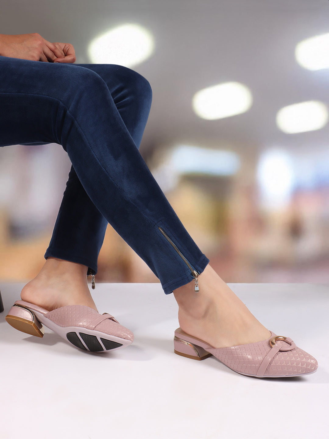 Elegant Textured Mules with Gold Buckle and Block Heel