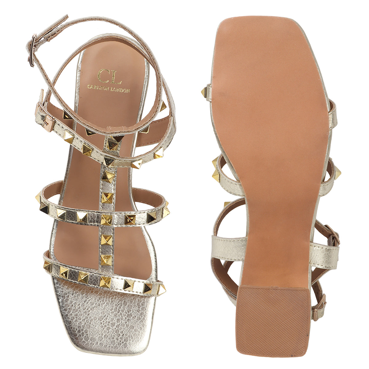 Metallic Gold Studded Block Heel Sandal with Ankle Strap