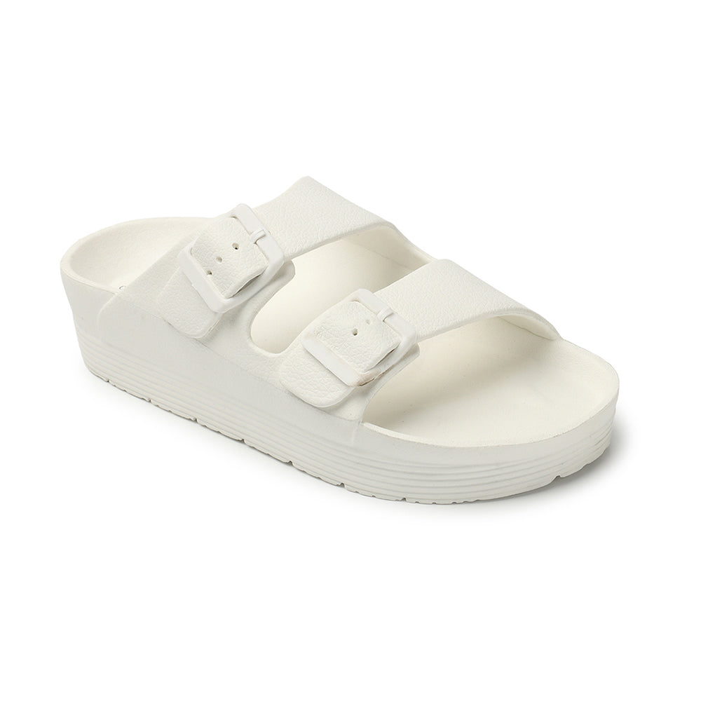Women Solid Double Buckle Platform Slides