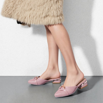 Elegant Textured Mules with Gold Buckle and Block Heel
