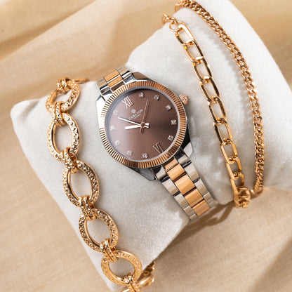 Women Gift Set Of 3 Brown Dial Watch + 3  Bracelets CLPLG054