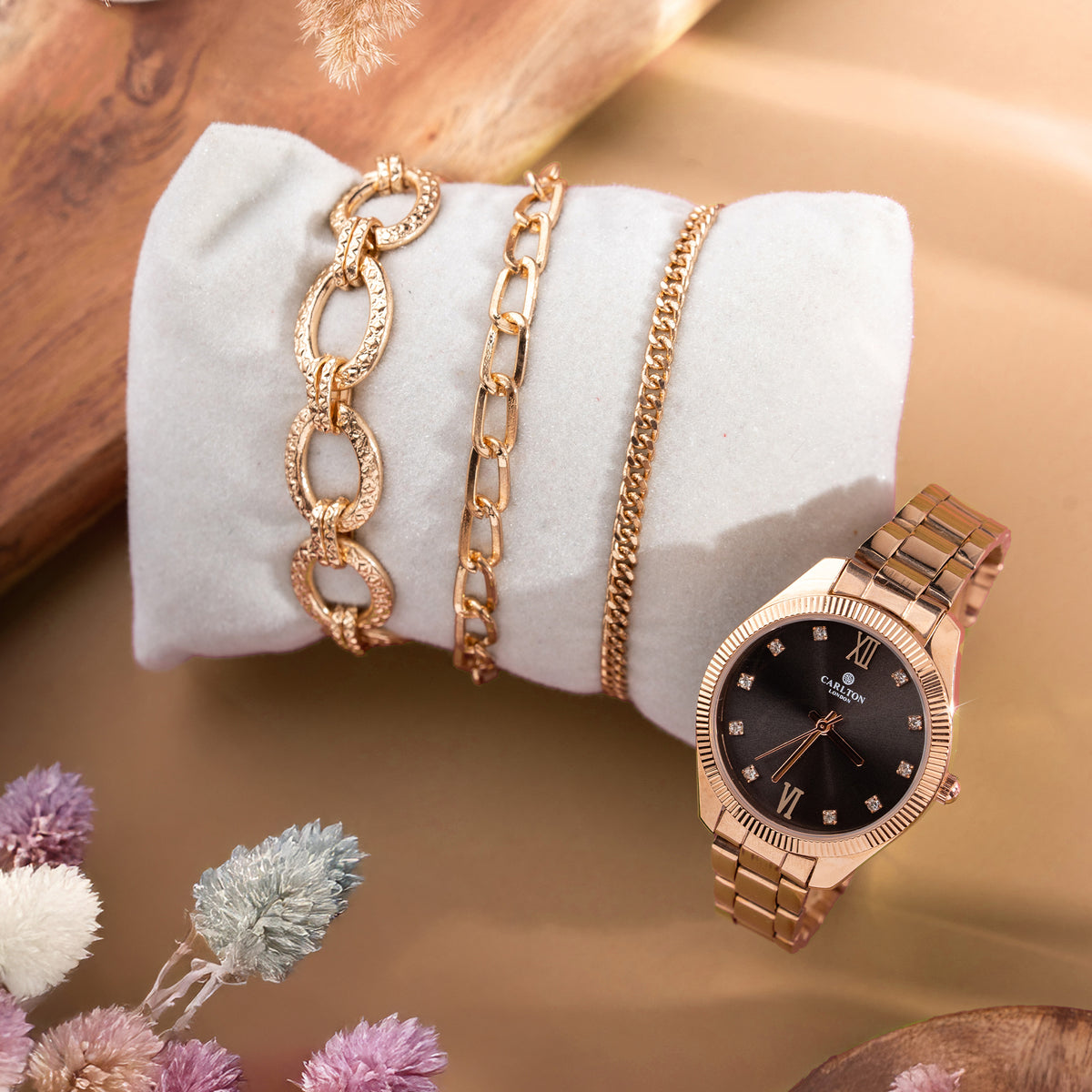 Women Gift Set Of 3 Black Dial Watch + 3  Bracelets CLPLG075