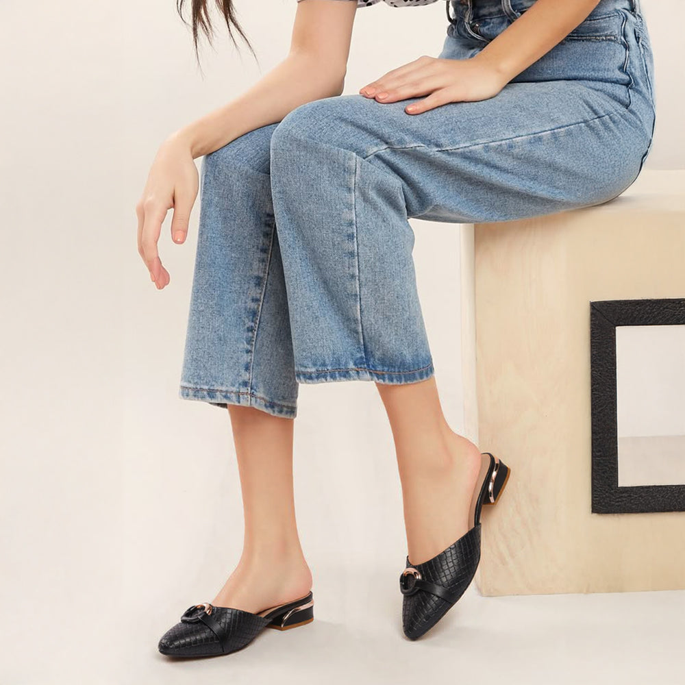 Elegant Textured Mules with Gold Buckle and Block Heel