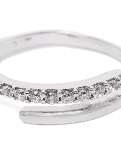 Carlton London Rhodium Plated Silver Toned Cz Studded Adjustable Finger Ring For Women
