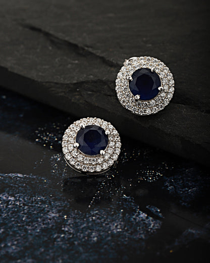 Carlton London Rhodium Plated Navy Blue Stone Circular Stud Earring For Women