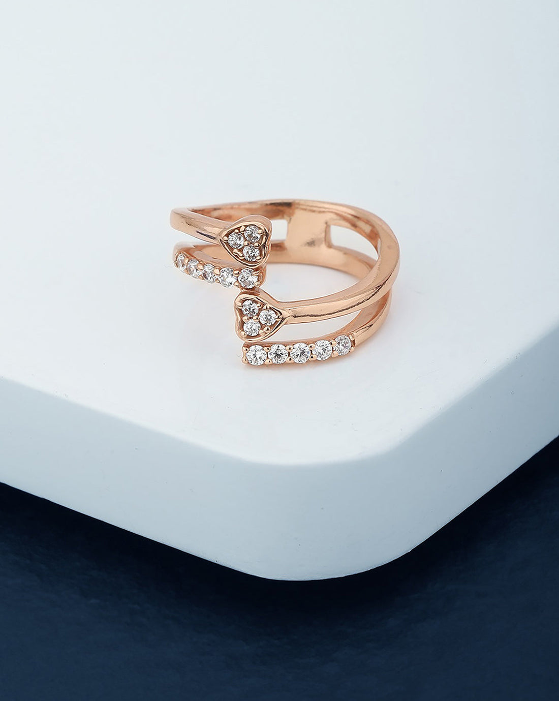 Carlton London Rose Gold Plated Cz Studded Adjustable Heart Contemporary Finger Ring For Women