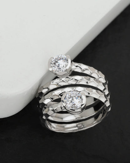 Carlton London Rhodium Plated Silver Toned Cz Stone Studded Adjustable Contemporary Finger Ring For Women
