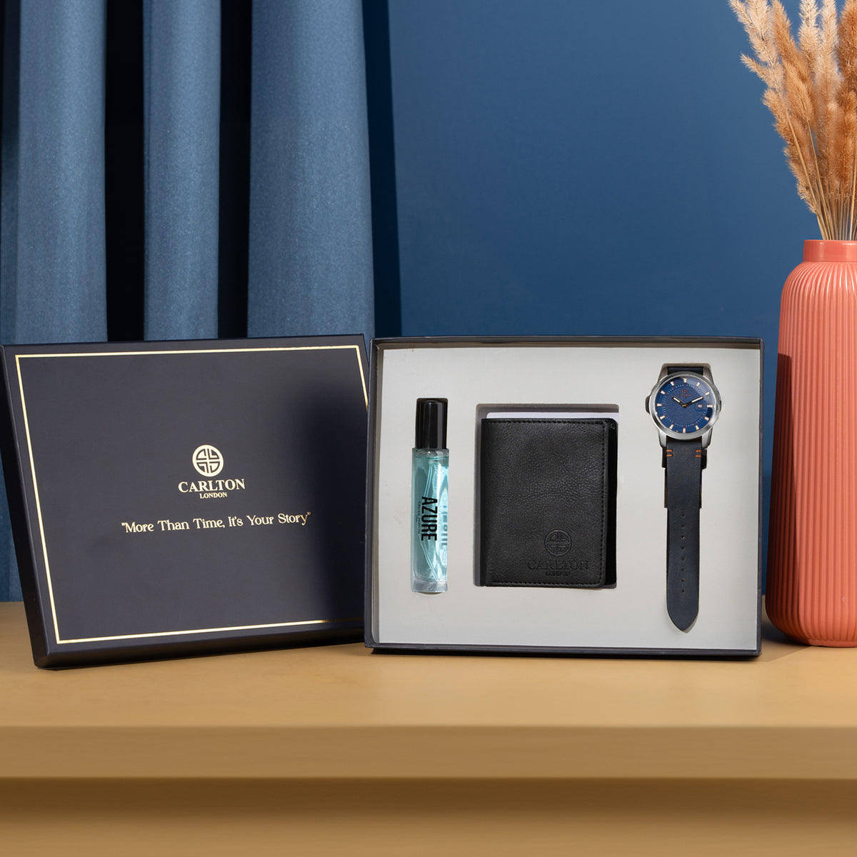 Men Gift Set of 3 Azure Perfume(15ml) Duke Blue Dial Watch + Card Holder CLPLG048