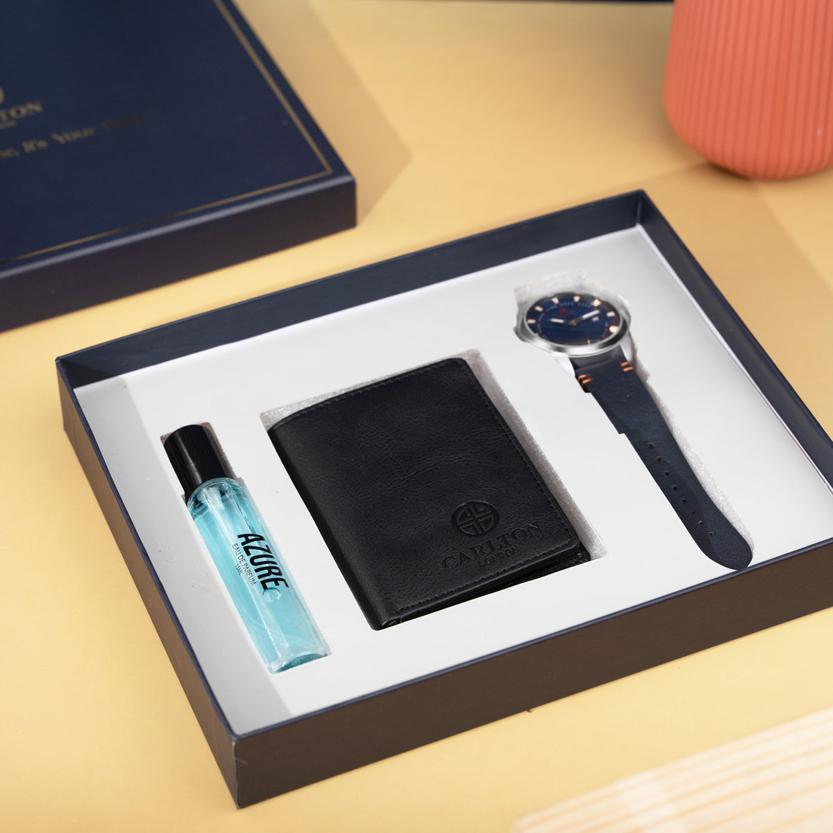 Men Gift Set of 3 Azure Perfume(15ml) Duke Blue Dial Watch + Card Holder CLPLG048