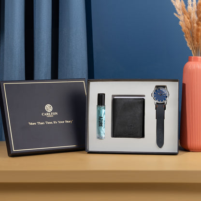 Men Gift Set of 3 Azure Perfume(15ml) Duke Blue Dial Watch + Card Holder CLPLG048