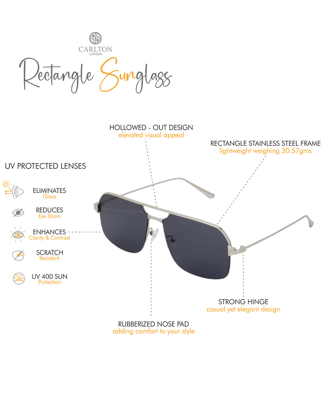 Premium Silver with Black Toned &amp; UV Protected Lens Rectangle Sunglass for men