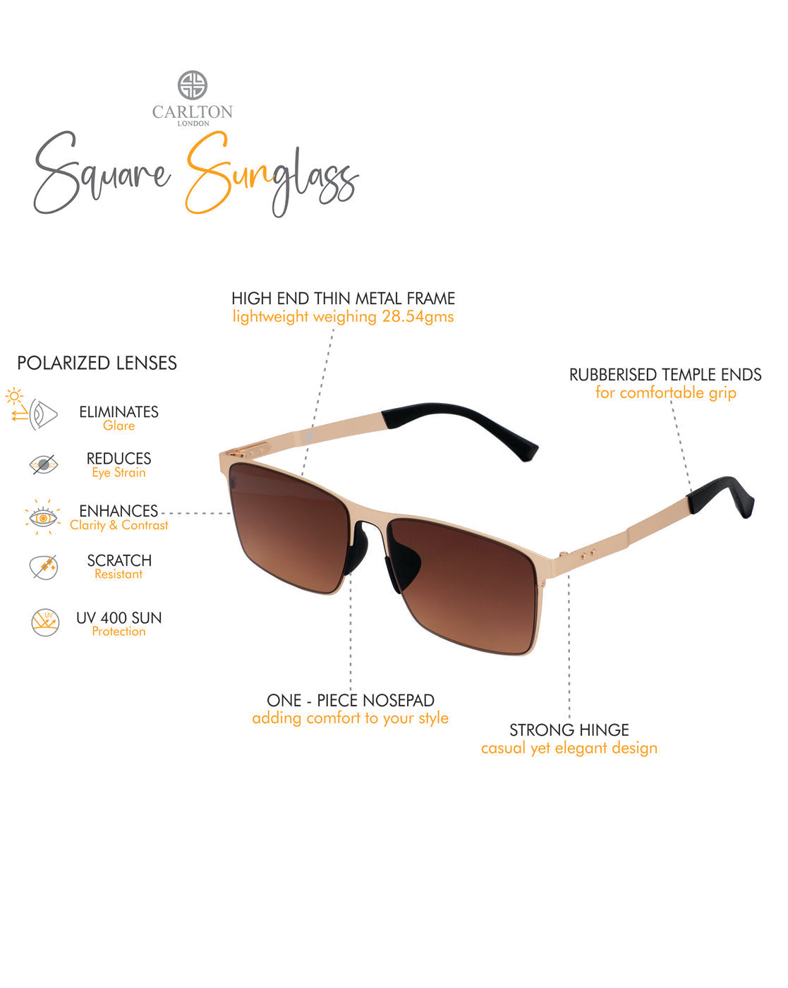 Premium Rose Gold with Brown &amp; Polarised Lens Square Sunglass for Unisex
