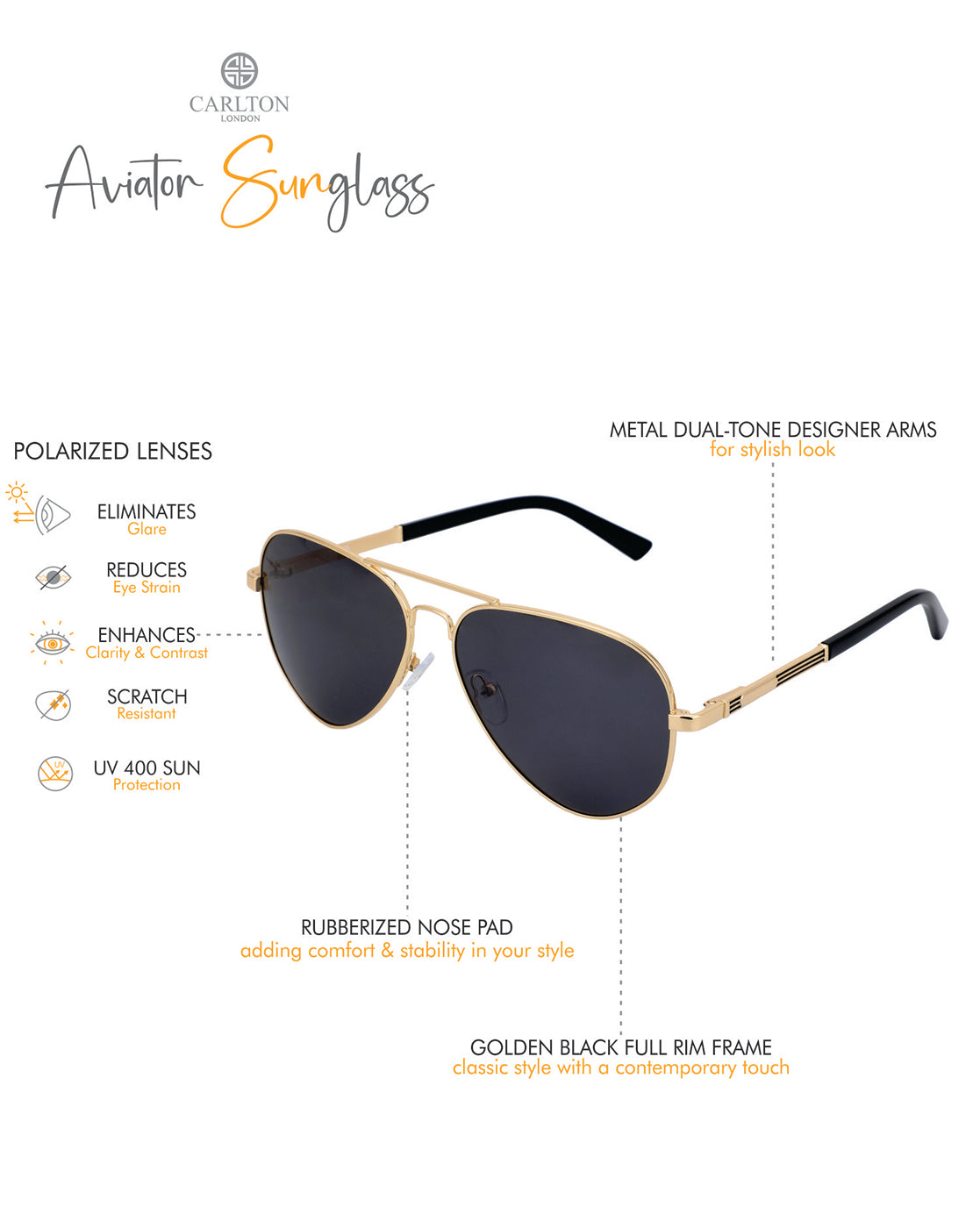 Premium Gold with Black Toned &amp; Polarised Lens Aviator Sunglass for men