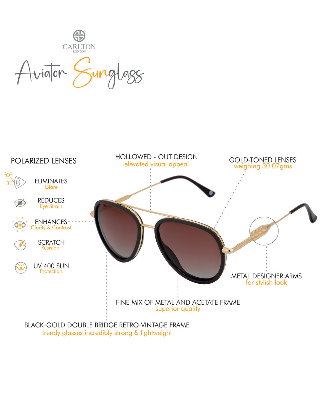 Premium Gold with Brown Toned &amp; Polarised Lens Aviator Sunglass for unisex
