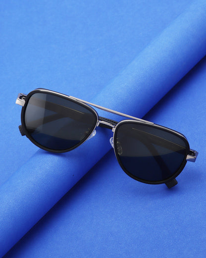 Unisex Premium Silver &amp; Black Toned Green UV with Polarised Lens Aviator Sunglass