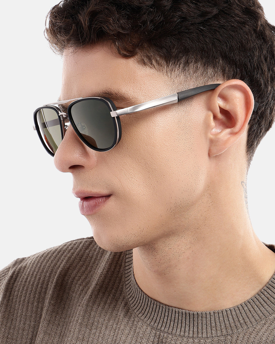 Unisex Premium Silver &amp; Black Toned Green UV with Polarised Lens Aviator Sunglass