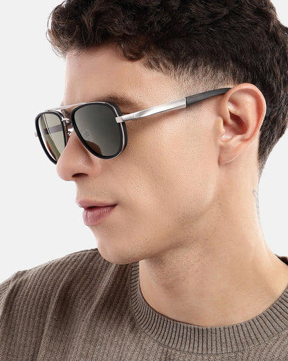 Unisex Premium Silver &amp; Black Toned Green UV with Polarised Lens Aviator Sunglass