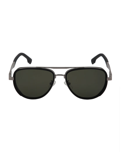 Unisex Premium Silver &amp; Black Toned Green UV with Polarised Lens Aviator Sunglass