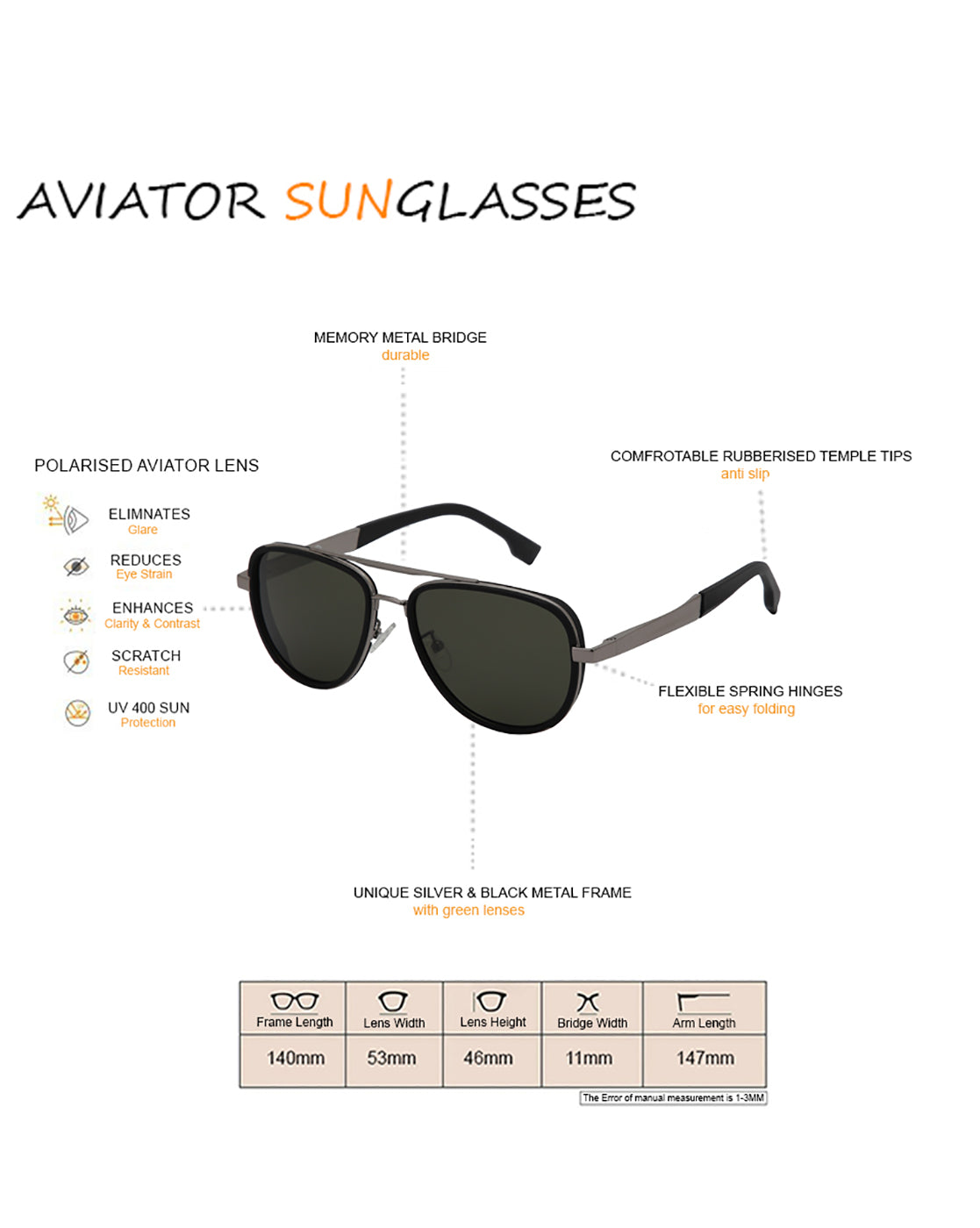 Unisex Premium Silver &amp; Black Toned Green UV with Polarised Lens Aviator Sunglass